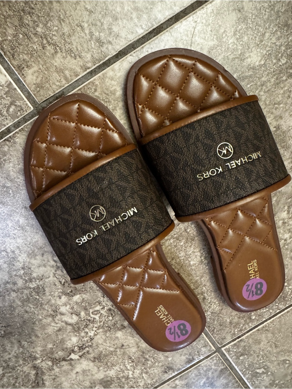 Michael Kors Brown Logo Quilted Slide Sandals - Picture 2 of 3